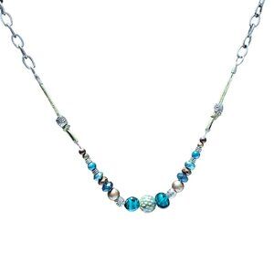 Elegant Blue Beaded Silver Tone Chain Charm Necklace Fashion Jewelry Women
